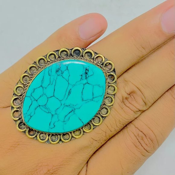 Massive Turquoise Stone Ring, Handmade Vintage Ring, Ethnic Ring, Kuchi Boho - Picture 1 of 6